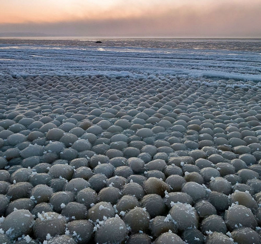 چشم انداز زیبای گلوله های یخی در ساحل دریاچه میشیگان