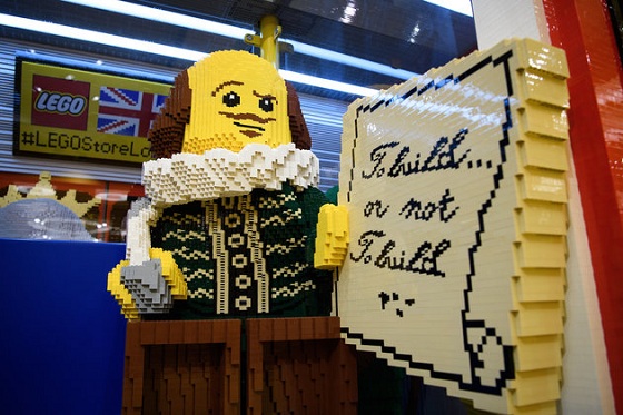 LONDON, ENGLAND - NOVEMBER 16: A model of playwright William Shakespeare is seen inside a large-scale model of a London underground train carriage, during an opening party event at the new flagship Lego store on November 16, 2016 in London, England. The new landmark store is be the biggest Lego Brand Retail Store in the world, the 37th LEGO store in Europe and covers 914 sq metre total area, over two floors. (Photo by Leon Neal/Getty Images)