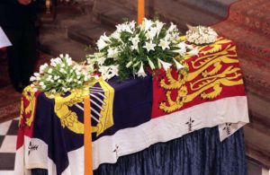 The coffin of Diana, Princess of Wales is covered by the Royal Standard as it stands on the catafalque in Westminster Abbey today (Saturday).