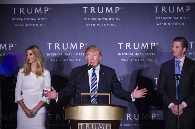 WASHINGTON, DC - OCTOBER 26: Republican presidential candidate Donald Trump, accompanied by his daughter, Ivanka Trump, left, and Eric Trump, right, speaks during the grand opening of Trump International Hotel in Washington, DC on Wednesday October 26, 2016. (Photo by Jabin Botsford/The Washington Post via Getty Images)