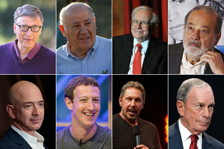 هشت مرد ثروتمند جهان: (از بالا سمت چپ) بیل گیتس، آمانسیو اورتگا، وارن بافِت، کارلوس سلیم هِلو. (از پایین سمت چپ): جف بزوس، مارک زاکربرگ، لری الیسون، مایکل بلومبرگ