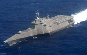 140723-N-OL640-024 PACIFIC OCEAN (July 23, 2014) The littoral combat ship USS Independence (LCS 2) transits during Rim of the Pacific (RIMPAC) 2014. Twenty-two nations, 49 ships, six submarines, more than 200 aircraft and 25,000 personnel are participating in RIMPAC from June 26 to Aug. 1 in and around the Hawaiian Islands and Southern California. The world's largest international maritime exercise, RIMPAC provides a unique training opportunity that helps participants foster and sustain the cooperative relationships that are critical to ensuring the safety of sea lanes and security on the world's oceans. RIMPAC 2014 is the 24th exercise in the series that began in 1971. (U.S. Navy photo by Mass Communication Specialist 1st Class Carlos Gomez/Released)