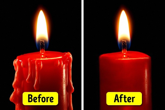 بی اشک کردن شمع ها: برای اینکه شمع های روشن، اشک نداشته باشند فقط کافی است آن را به مدت چندین ساعت درون محلول غلیظ آب نمک بخوابانید. سپس شمع را کنار بگذارید تا کاملا خشک شود.