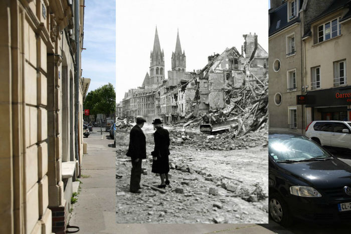 the-rue-de-bayeux-on-may-5-2014-in-caen-france-an-older-couple-watched-a-canadian-soldier-with-a-bulldozer-working-in-the-ruins-of-a-house-in-the-rue-de-bayeux-on-july-10-1944-w700