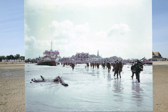the-seafront-and-juno-beach-on-may-5-2014-in-bernieres-sur-mer-france-juxtaposed-with-troops-of-the-3rd-canadian-infantry-division-landing-at-the-beach-on-d-day-w700