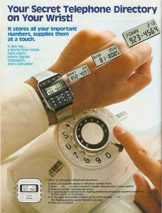 دفترچه تلفنی مخفی و کاملا شخصی در قالب یک ساعت / طراح این ساعت در سال 1984 میلادی شاید هرگز تصور نمی‌کرد که ساعت‌ها در آینده، محبوبیت گذشته را نخواهند داشت و قرار است تلفن‌های هوشمند جایگزین آن‌ها گردند. همچنین نمی‌دانست که آدم‌ها دیگر به دفترچه تلفن نیاز نخواهند داشت زیرا هر چه بخواهند را در اینترنت پیدا می‌کنند. 