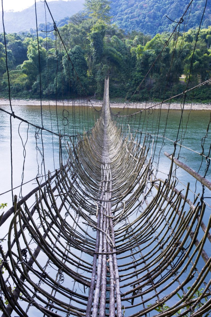 Extremely long hanging suspension bridge made of bamboo, Along, Arunachal Pradesh, North East India, India, Asia