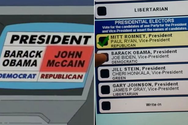 در قسمتی که مربوط به سال ۲۰۰۸ می شود، هومر در هنگام رای دادن، با دستگاهی مواجه می شود که رای او را عوض می کند. بعد ها و در سال ۲۰۱۲ در حوزه انتخابی پنسیلوانیا، یک دستگاه رای گیری به خاطر اینکه رای های باراک اوباما را به نام میت رامنی ثبت می کرد، از رده خارج شد.