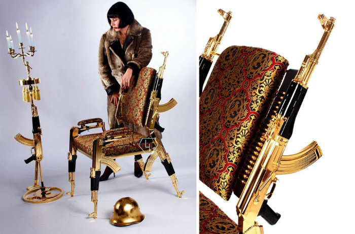 صندلی ۴۸۳ میلیون تومانی که با استفاده از کلاشینکف های طلایی ساخته شده است