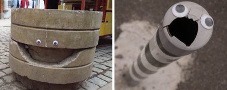 هنرمندی که با چسباندن یک جفت چشم روی وسایل شکسته شده در سطح شهر، موجب زیبایی آن ها شده است