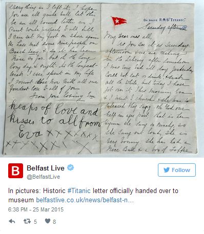 این نامه که توسط «ایستر هارت» نوشته و روی سربرگ تایتانیک چاپ شده است، در مورد اینکه قرار است هارت و دخترش، فردا شب چگونه روی عرشه کشتی آواز بخوانند، توضیح داده است. 