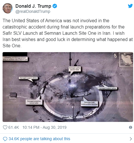 دونالد ترامپ، رییس جمهور ایالات متحده، جمعه گذشته تصویری را در حساب توئیتری خود منتشر کرد که توسط ماهواره های جاسوسی این کشور از یک سکوی پرتاب راکت منفجر شده متعلق به ایران گرفته شده بود، 