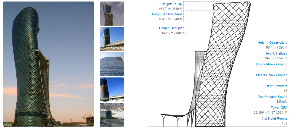محیط زیست طبیعی ابوظبی الهام بخش طراحی برج «کپیتال گیت» (Capital Gate) بوده است به ویژه تپه های شنی باد زده و امواج خروشان خلیج.