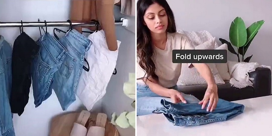 یک ترفند ساده برای آویزان کردن شلوارهای جین به سبک فروشگاه های لباس