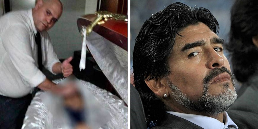 سلفی کارگران مراسم خاکسپاری مارادونا با پیکر بی جان اسطوره فوتبال آرژانتین