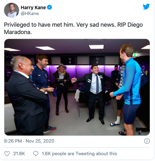 پیام توییری هری کین برای درگذشت مارادونا