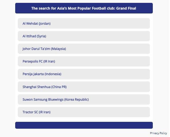 وبسایت فدراسیون فوتبال آسیا یا همان AFC اخیراً نظرسنجی را برگزار کرده که بر اساس آن پرطرفدارترین تیم فوتبال قاره آسیا انتخاب خواهد شد.