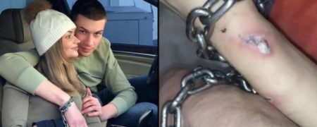 دختر و پسر اوکراینی که به نشانه عشق زیاد، دست هایشان را به هم زنجیر کرده اند