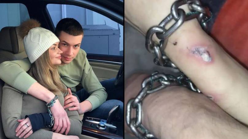 دختر و پسر اوکراینی که به نشانه عشق زیاد، دست هایشان را به هم زنجیر کرده اند