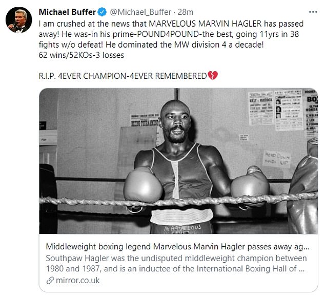 توفي مارفيلوس مارفن هاجلر ، الملقب بـ "المذهل" ، بطل العالم الأسطوري في الملاكمة للوزن المتوسط ​​، عن عمر يناهز 66 عامًا.