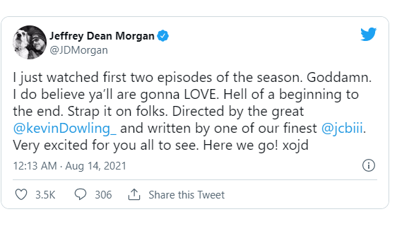جفری دین مورگان بازیگر نقش نیگان در سریال The Walking Dead بعد از تماشای دو اپیزود ابتدایی فصل یازدهم این سریال محبوب زامبی محور، واکنش خود را در توییتر منتشر کرده است.