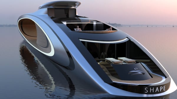 قایق تفریحی مفهومی The Shape با قیمت 80 میلیون دلار دارای حفره ای عمیق در بدنه خود بوده و به طور کامل به انرژی پاک وابسته است