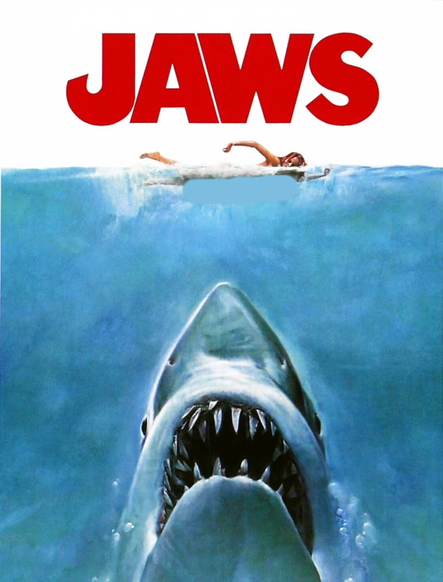 تصویری از یک کوسه سفید غول پیکر در حال گرفتن ژستی شبیه پوستر فیلم Jaws منتشر شده که به سمت سطح شیرجه می رود.