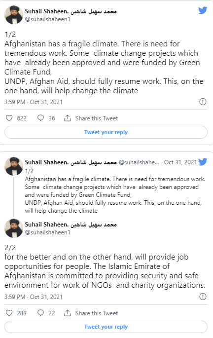 . سهیل شاهین سخنگوی طالبان با اعلام نیاز به حفاظت از «اقلیم شکننده» افغانستان از تلاش ها برای مبارزه با تغییرات اقلیمی حمایت کرد