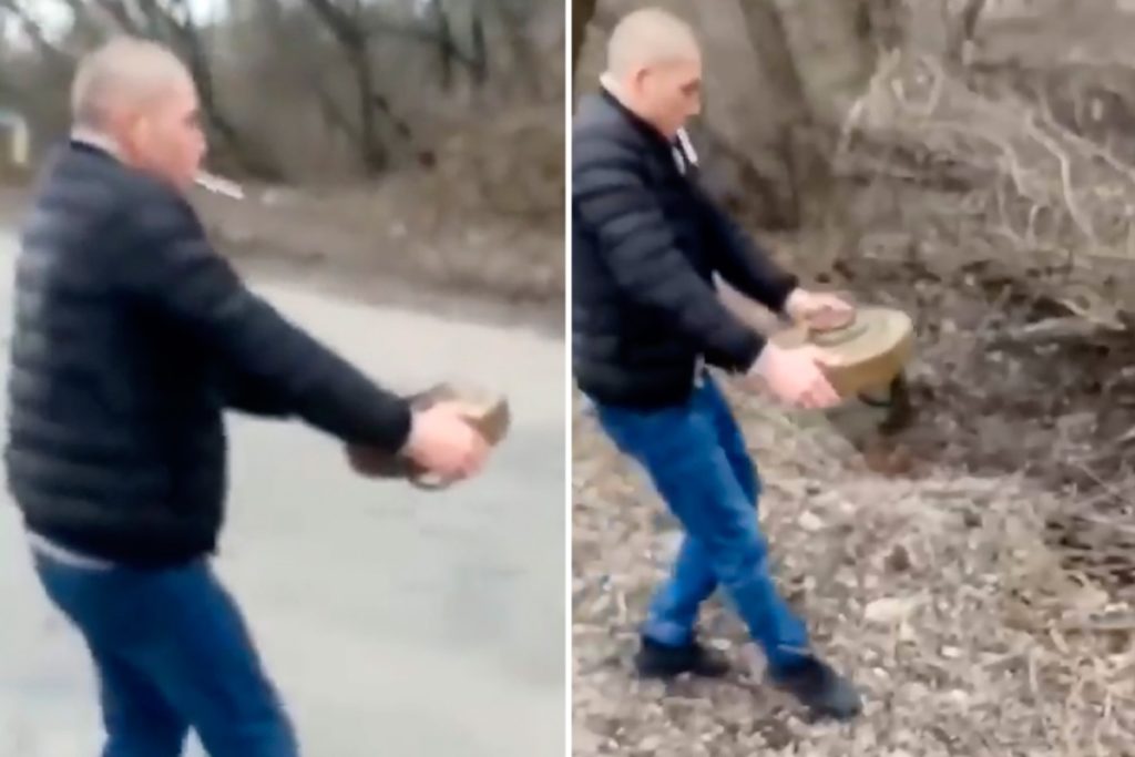 نماد سرسختی اوکراین ؛ مردی با سیگاری در گوشه لبش مین ضد تانک را بر می دارد + ویدیو
