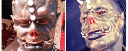 انسان شیطان نما برای جشن گرفتن پایان قوانین پوشیدن ماسک، گوش‌های خود را برید