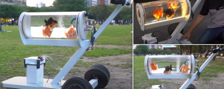 اختراع عجیب یوتیوبر معروف؛ کالسکه مخصوص پیاده روی با ماهی قرمز + ویدیو