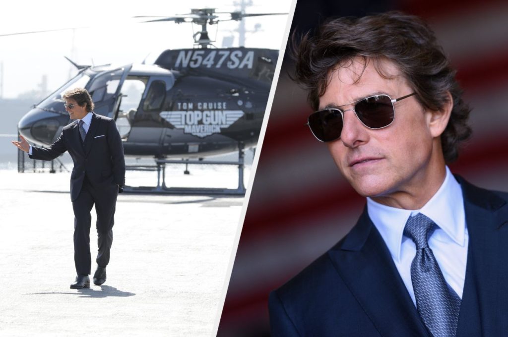 فرود آمدن تام کروز با هلیکوپتر برای اکران فیلم Top Gun: Maverick + ویدیو
