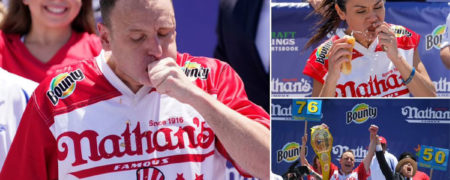 جوئی چستنات با خوردن ۶۳ هات داگ دوباره قهرمان مسابقه هات داگ خوری شد + ویدیو