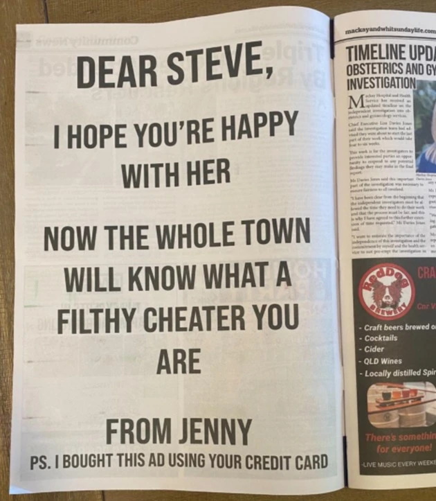 انتقام از شوهر خیانتکار با چاپ آگهی در روزنامه