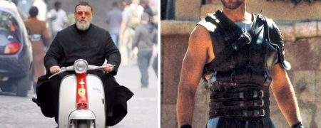 راسل کرو، ستاره فیلم «گلادیاتور» با لباس کشیش سوار بر موتور به رم بازگشت
