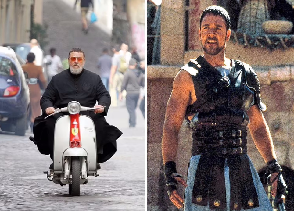 راسل کرو، ستاره فیلم «گلادیاتور» با لباس کشیش سوار بر موتور به رم بازگشت