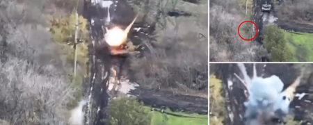 لحظه منهدم شدن تانک روسی توسط چترباز تنهای اوکراینی از نمای دوربین پهپاد + ویدیو