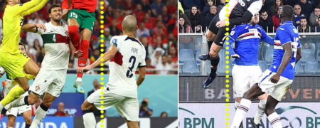 پرش ۲.۷ متری یوسف النصیری در صحنه گل تیم ملی مراکش به پرتغال و شکستن رکورد رونالدو