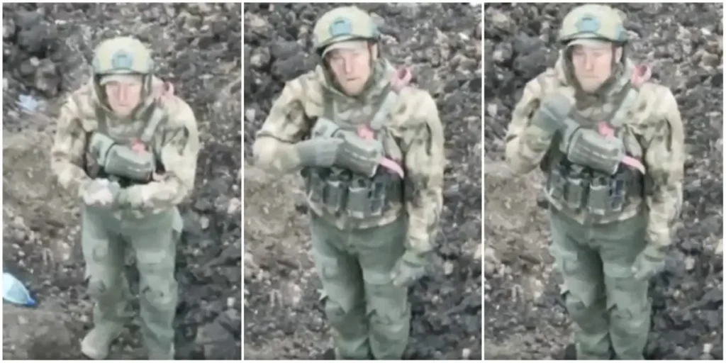لحظه تسلیم شدن سرباز روسی در برابر پهپاد اوکراینی در نبرد باخموت + ویدیو