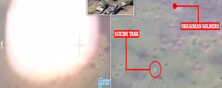 اولین تصاویر از استفاده نیروهای روسیه از تاکتیک تانک انتحاری در اوکراین + ویدیو