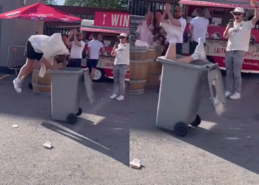 لحظه هنرنمایی مردی که مهارتش در شیرجه زدن داخل یک سطل زباله را به رخ کشید + ویدیو