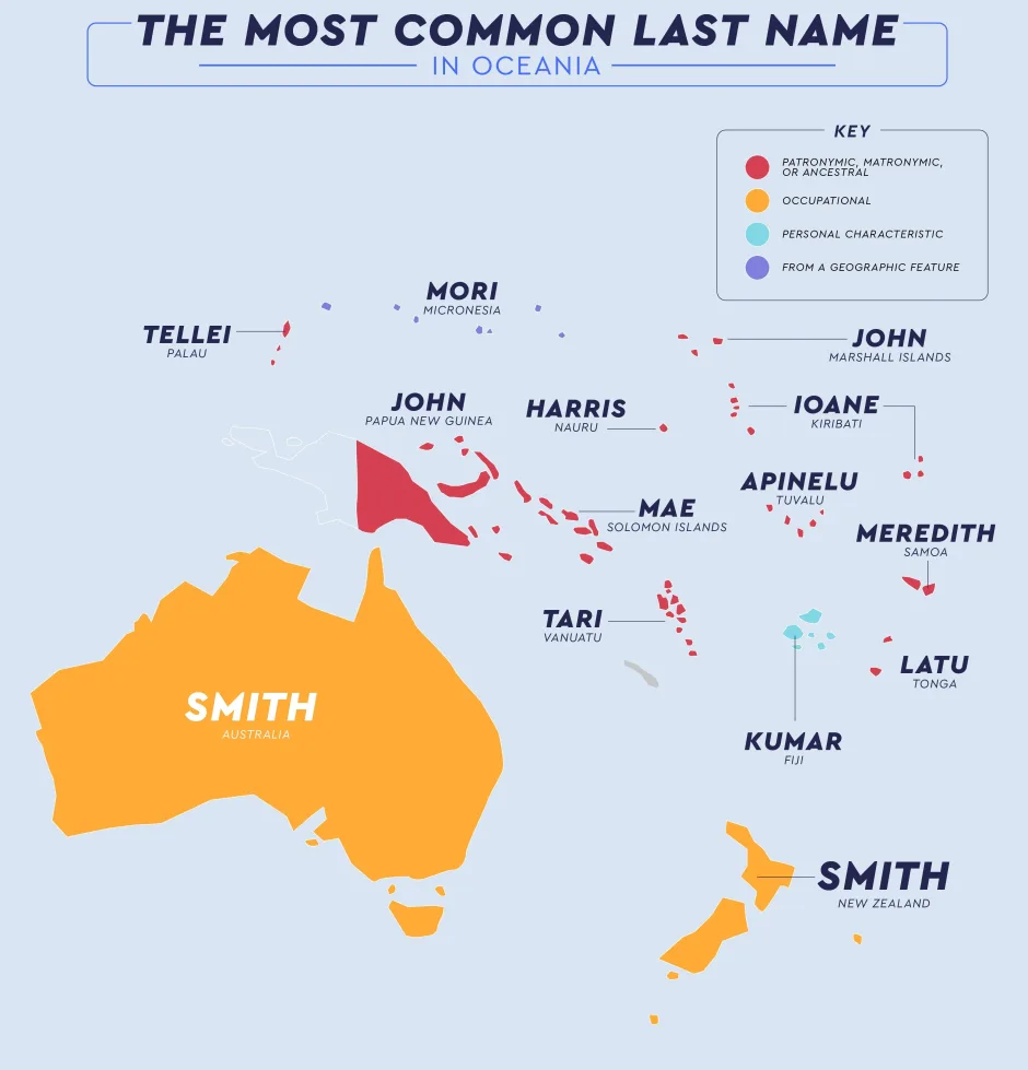 محبوب ترین نام های خانوادگی در هر یک از کشورهای جهان