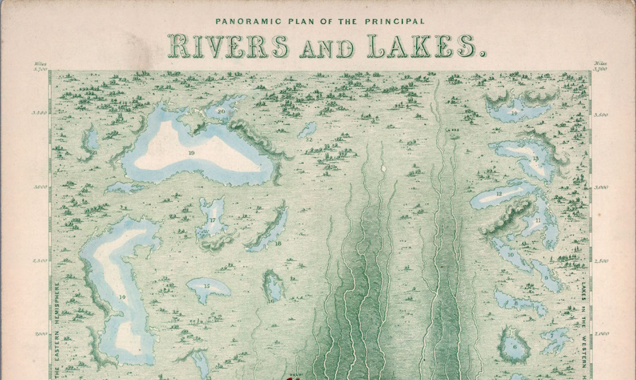 اینفوگرافیک قدیمی از طولانی ترین رودخانه ها و بزرگترین دریاچه های جهان در سال ۱۸۵۰