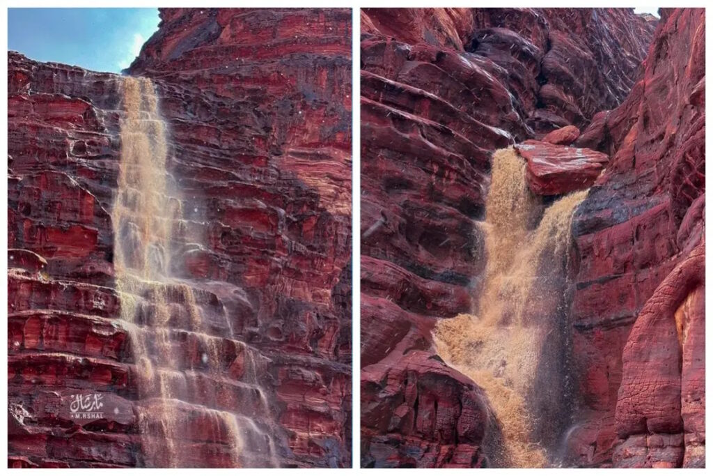 جاری شدن آبشار از کوه های محل ساخت ابرشهر نئوم عربستان پس از بارندگی + ویدئو