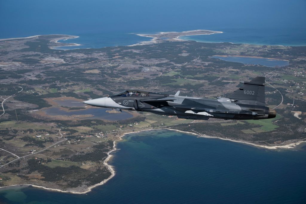 swedish airforce jas 39 gripen e jet fighter flies over news photo 1689354367