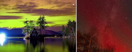 تایم لپس خیره کننده از درخشش شفق قطبی بر فراز دریاچه ای در نیوهمپشایر + ویدئو