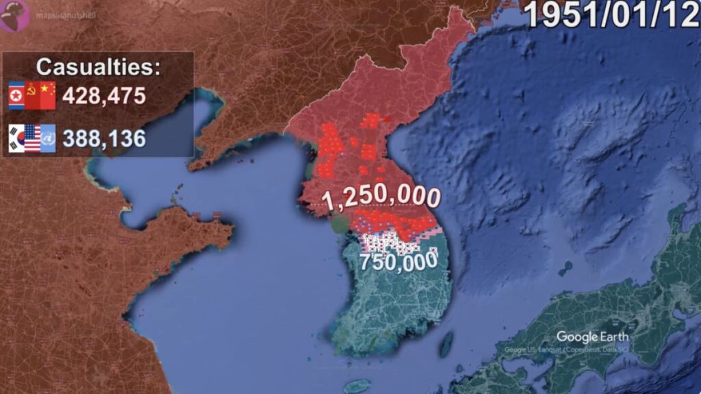 این نقشه پویا روند جنگ دو کره را از سال ۱۹۵۰ تا ۱۹۵۳ به تصویر می کشد + ویدیو