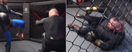 ادی هال در مبارزه تمرینی برای مسابقات MMA با لگد حریف به سرش به زمین افتاد + ویدیو