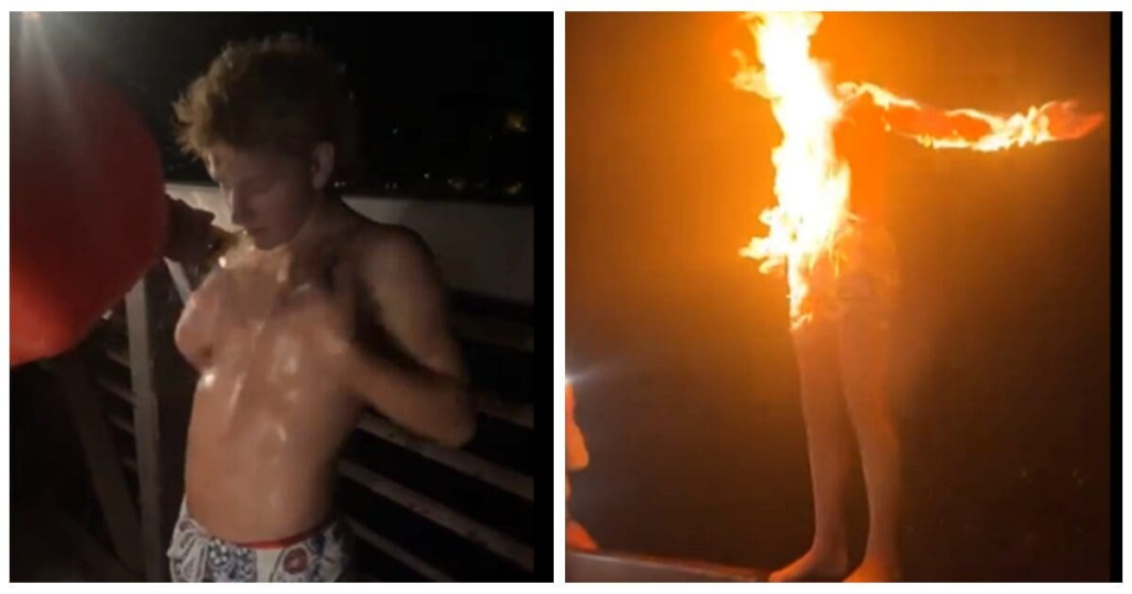 لحظه ای که یک نوجوان بدنش را به بنزین آغشته کرده و پس از آتش زدن خود به درون آب می پرد + ویدیو