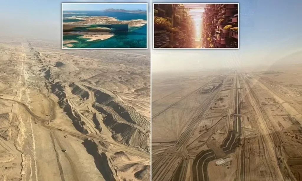 تصاویر هوایی جدید از مقیاس باورنکردنی پروژه‌ی آسمانخراش افقی عربستان + ویدیو